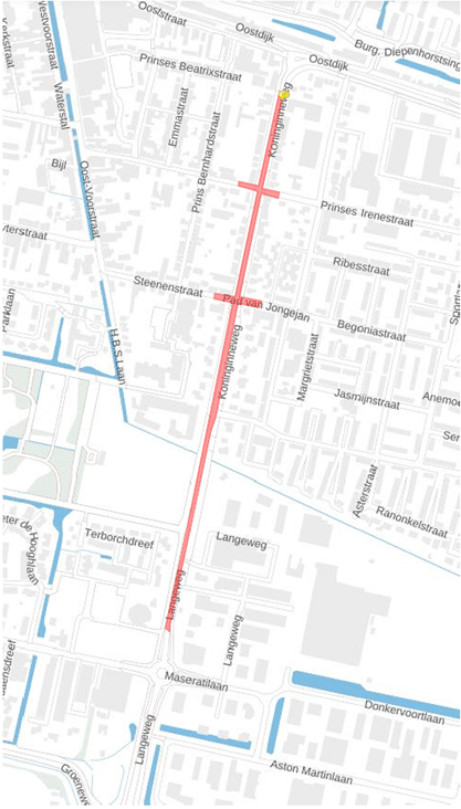 De locatie van de werkzaamheden op de Koninginneweg in Oud-Beijerland